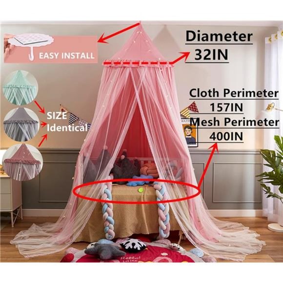 Bed Canopy for Kids with Lights,Double Layer Princess Round Dome Children Tent - Picture 2 of 7